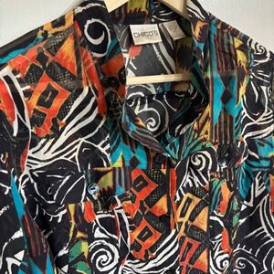 Vintage Chicos Silk Sheer Abstract Print Button Down Shirt Artsy  Size 2